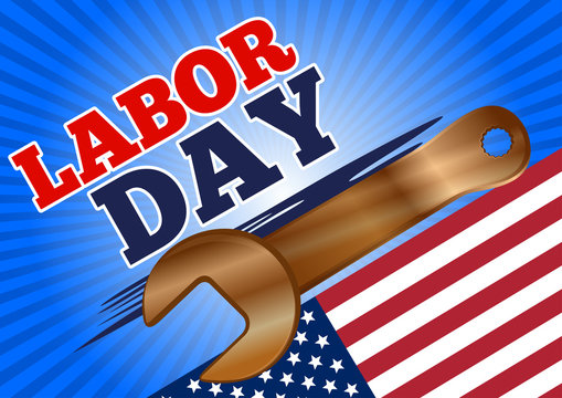 Labor Day design with US flag and a golden wrench