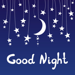 Vector illustration of hand drawn stars and moon background with good night inscription