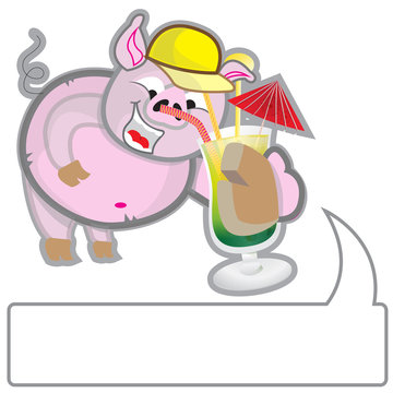 This file represents a summer pig while handing a cocktail with a space to write a message.