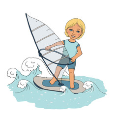 The dear smiling child rides on waves a board for windsurfing.