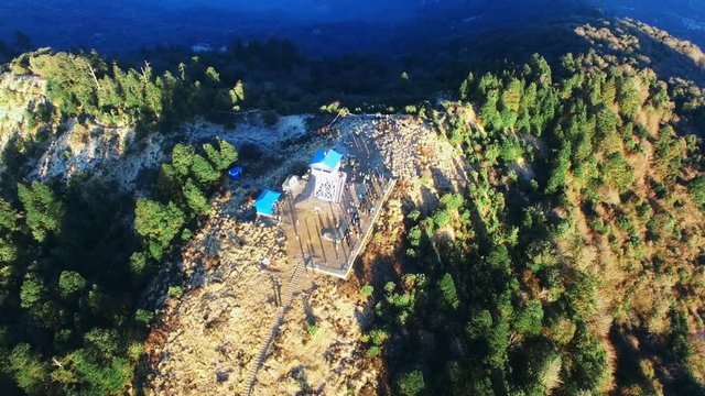Poon hill peak lookout tower, Himalayas, Nepal. Aerial view mountain panoramic 4k video nature background.