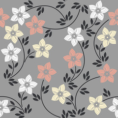 Seamless pattern with colorful flowers and leaves isolated on gr