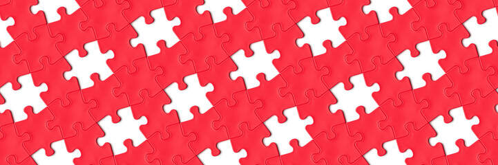 Obraz premium red diagonal jigsaw puzzle pieces interlocking with some missing pieces on a white background (seamless texture, 1x3 format) 