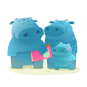Hippo Family Mother Father and Kid with Book