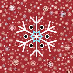 Seamless pattern. White blue black winter snowflakes on red background. End of year christmas and sale season.