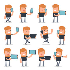 Set of Smart and Funny Character Videobloger holding mobile phon