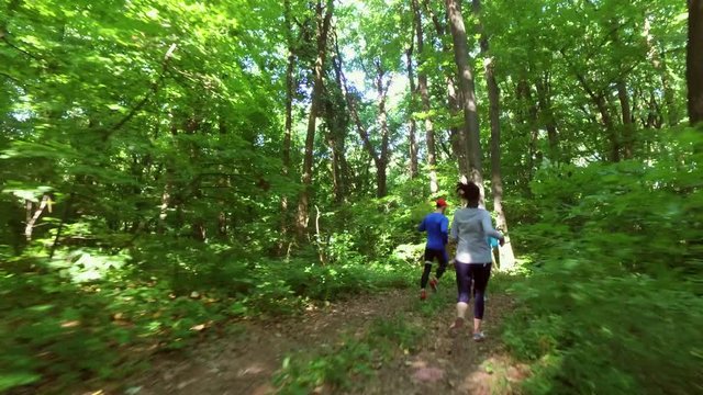 running jogging in forest. People training, running, jogging, fitness, runner-4k video