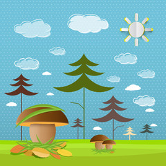 Mushrooms on Meadow with Forest on Background. Paper Cut Sun on Blue Sky with Clouds Vector Illustration.