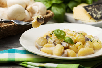 Portion of gnocchi with mushroom sauce and cheese.