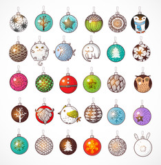 Set of Christmas balls isolated on white background. Vector sketch illustration.