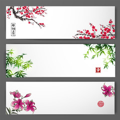 Banners with chrysanthemum and lily hand drawn with ink. Oriental ink painting sumi-e, u-sin, go-hua. Contains hieroglyphs - peace, tranquility, clarity, happiness, beauty, flower, dreams come true.