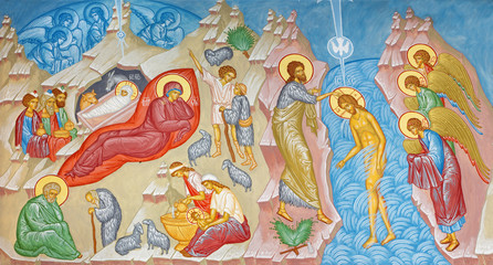 BRUGGE, BELGIUM - JUNE 13, 2014: Fresco of the Nativity scene and Baptism of Christ scene in st....