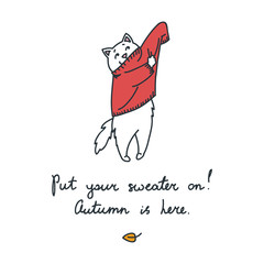 Autumn card with cat. Doodle vector illustration of funny white cat putting his sweater on
