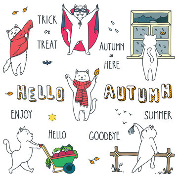 Hello autumn. Doodle vector illustrations of funny white cat enjoying the autunm