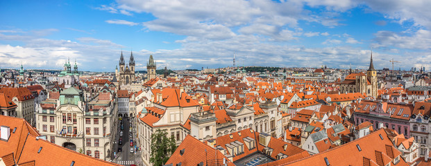 Naklejka na ściany i meble Aerial view: Traditional red roofed Houses in Prague. Czech Rep.