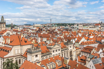 Fototapeta na wymiar Aerial view: Traditional red roofed Houses in Prague. Czech Rep.