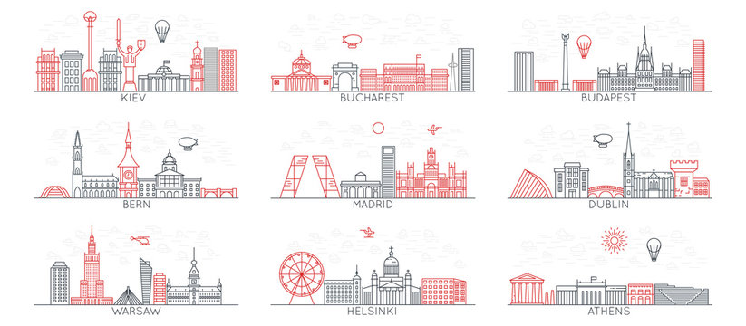 line vector city icons. Eastern Europe set 