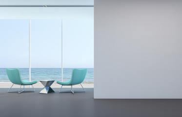 Sea view living room with white wall in modern house - 3D rendering