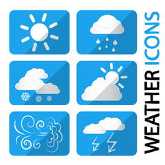 Obraz premium Weather Icons Set. Vector Symbols with Clouds, Sun and Snowflakes. Storm, Rain, Sunny Day, Windy and Cold.