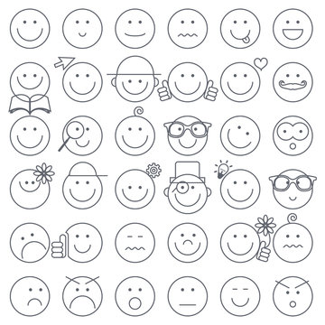 Outline Simple Circle Faces Set. Vector Emotions Faces Isolated on White Background.