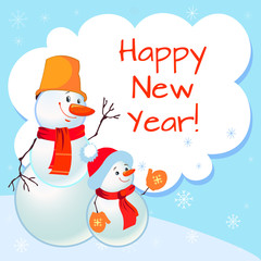 Funny snowman. Greeting card. New Year. Christmas background for text. Snowflakes. 