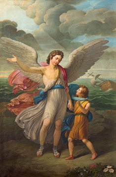 BRESCIA, ITALY - MAY 21, 2016: The painting of Archangel Raphael and Tobias in church Chiesa di San Zeno al Foro by unknown artist of 19. cent.