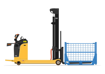 Electric reach stacker forklift with stillage cage. Vector