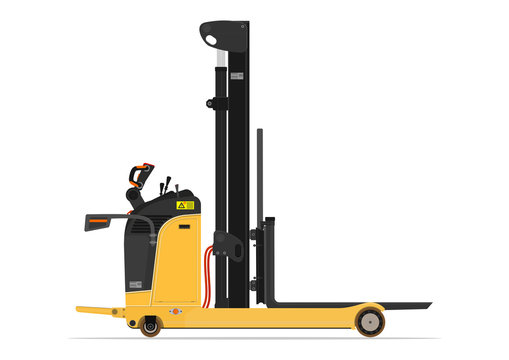Electric reach stacker forklift on a white background. Flat vector