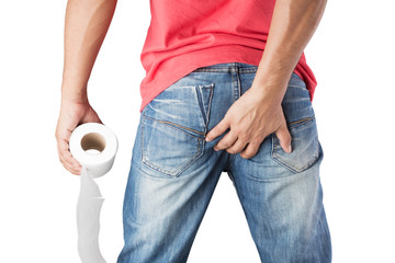 Man suffers from diarrhea holds toilet paper roll