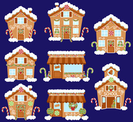 Set of Cute Vector Holiday Gingerbread Houses, Shops and Other Buildings with Snow