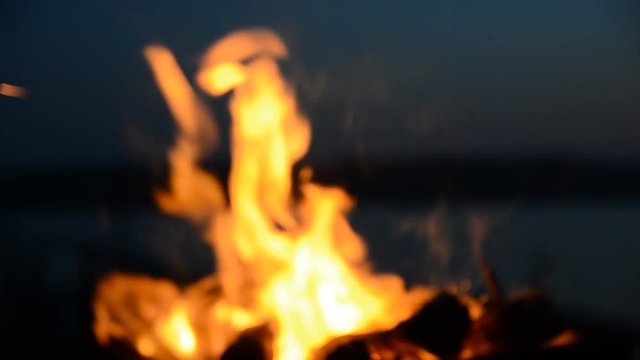 The firewood burning in a brazier closeup in the night.