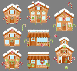 Set of Cute Vector Holiday Gingerbread Houses, Shops and Other Buildings with Snow