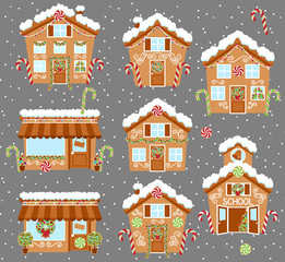 Set of Cute Vector Holiday Gingerbread Houses, Shops and Other Buildings with Snow - 119471521
