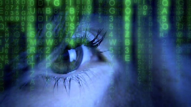 The eye of a beautiful young woman, extreme close-up detail shot, with random symbols falling down (code rain, a popular sci-fi movie effect).
