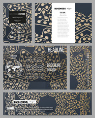 Business templates for presentation, brochure, flyer or booklet. Golden microchip pattern, abstract template with connecting dots and lines, connection structure. Digital scientific vector background