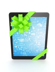Black tablet with green bow and blue screen. 3D rendering.