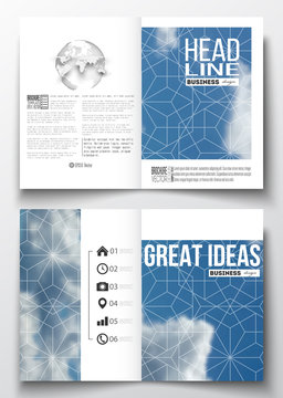 Set of business templates for brochure, magazine, flyer, booklet or annual report. Beautiful blue sky, abstract geometric background with white clouds, leaflet cover, layout, vector illustration.