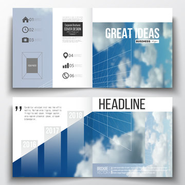 Set of annual report business templates for brochure, magazine, flyer or booklet. Beautiful blue sky, abstract geometric background with white clouds, leaflet cover, layout, vector illustration