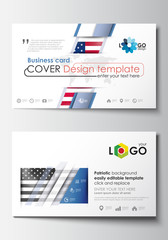 Business card templates. Cover design template, easy editable blank, abstract flat layout. Patriot Day background with american flag, vector illustration