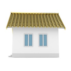 White simple house with golden roof on white background. Concept of investment in real estate and symbol of wealth, business and safety. New family house.  3D rendering.