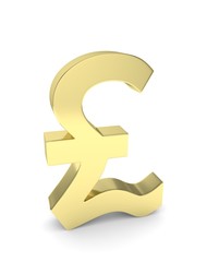Isolated golden pound sign on white background. British currency. Concept of investment, european market, savings. Power, luxury and wealth. Great Britain, Nothern Ireland. 3D rendering.