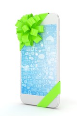 White phone with green bow and blue screen. 3D rendering.