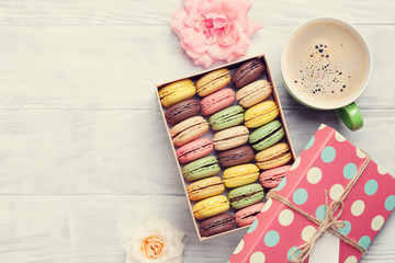 Colorful macaroons in a gift box
