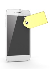 White smart phone with golden price tag on white background. Identification, price, label. Luxury and expensive offer. 3D rendering.