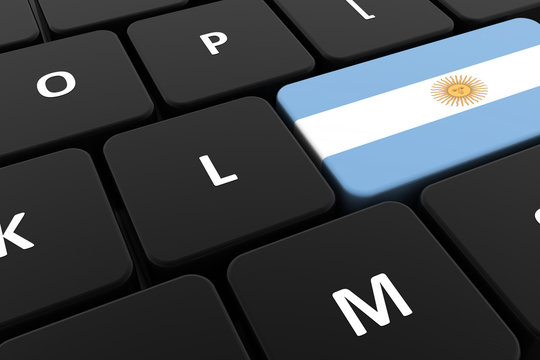 Computer keyboard, close-up button of the flag of Argentina. 3D render of a laptop keyboard