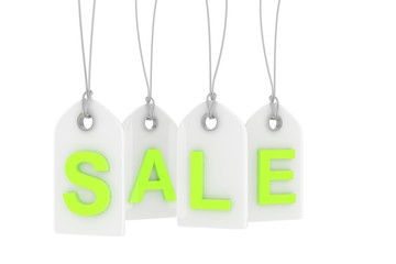 Colorful isolated sale labels on white background. Price tags. Special offer and promotion. Store discount. Shopping time. Green letters on white labels. 3D rendering.