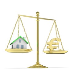 Isolated golden scales with golden euro and house on white background. Investment or savings concept. Real estate and currency. 3D rendering.