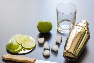 Cocktail Mixer lime slices and ice. Ingredients for Cocktail