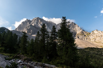Fototapeta na wymiar Lampsenspitze, majestic mountain peak over Ahornboden in Tyrol Austria