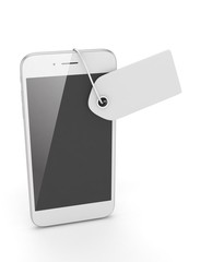 White smart phone with white price tag on white background. Identification, price, label. 3D rendering.